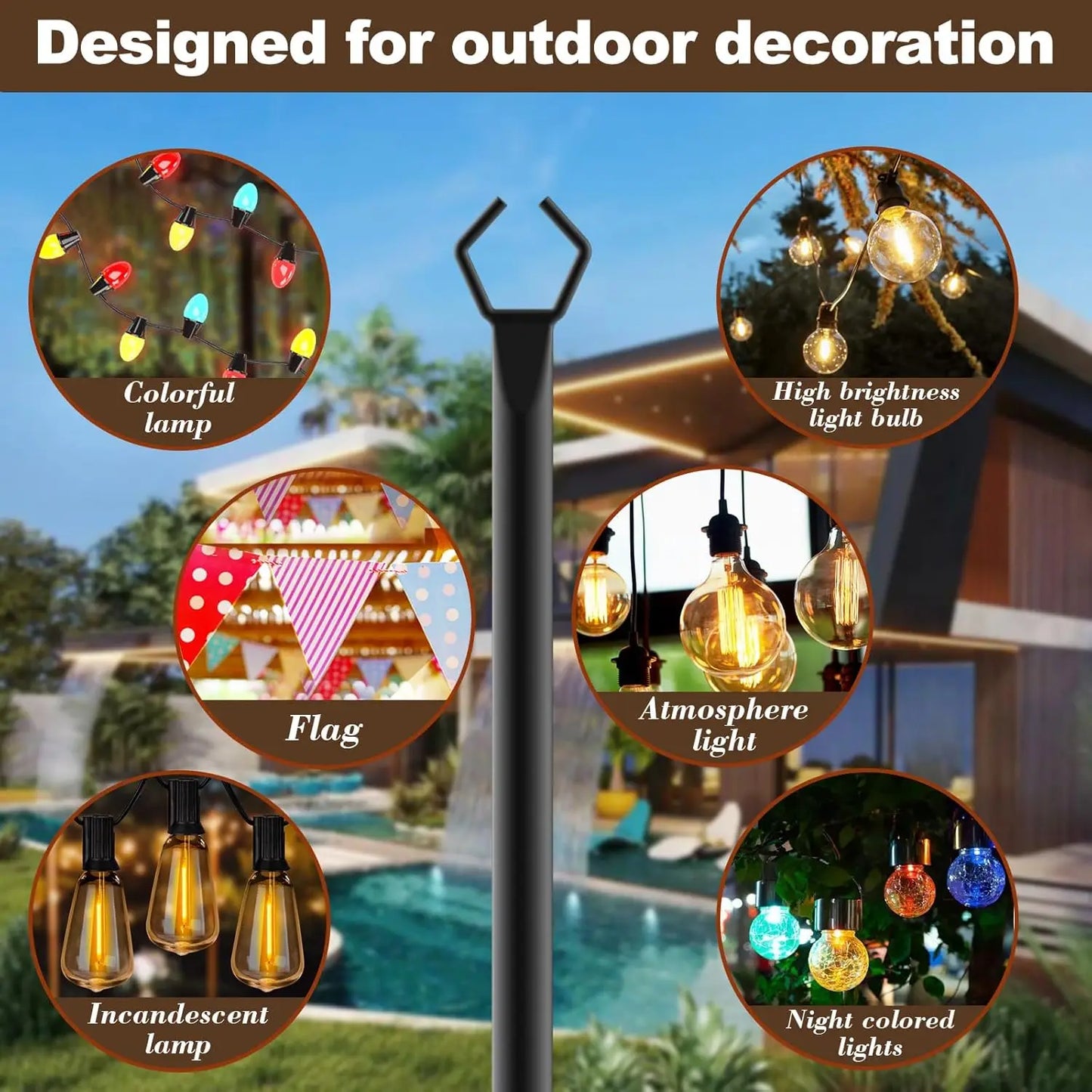 10Ft String Light Poles 4  Poles for Outside  with Fence Brackets Hanging  Stand Deck Patio Backyard