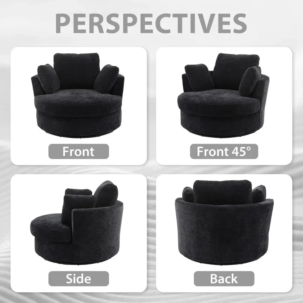 42.2" W Oversized Swivel Accent Chairs, 360 Degree Modern Living Room Swivel Chair, Chenille, Black,Living Room Chairs