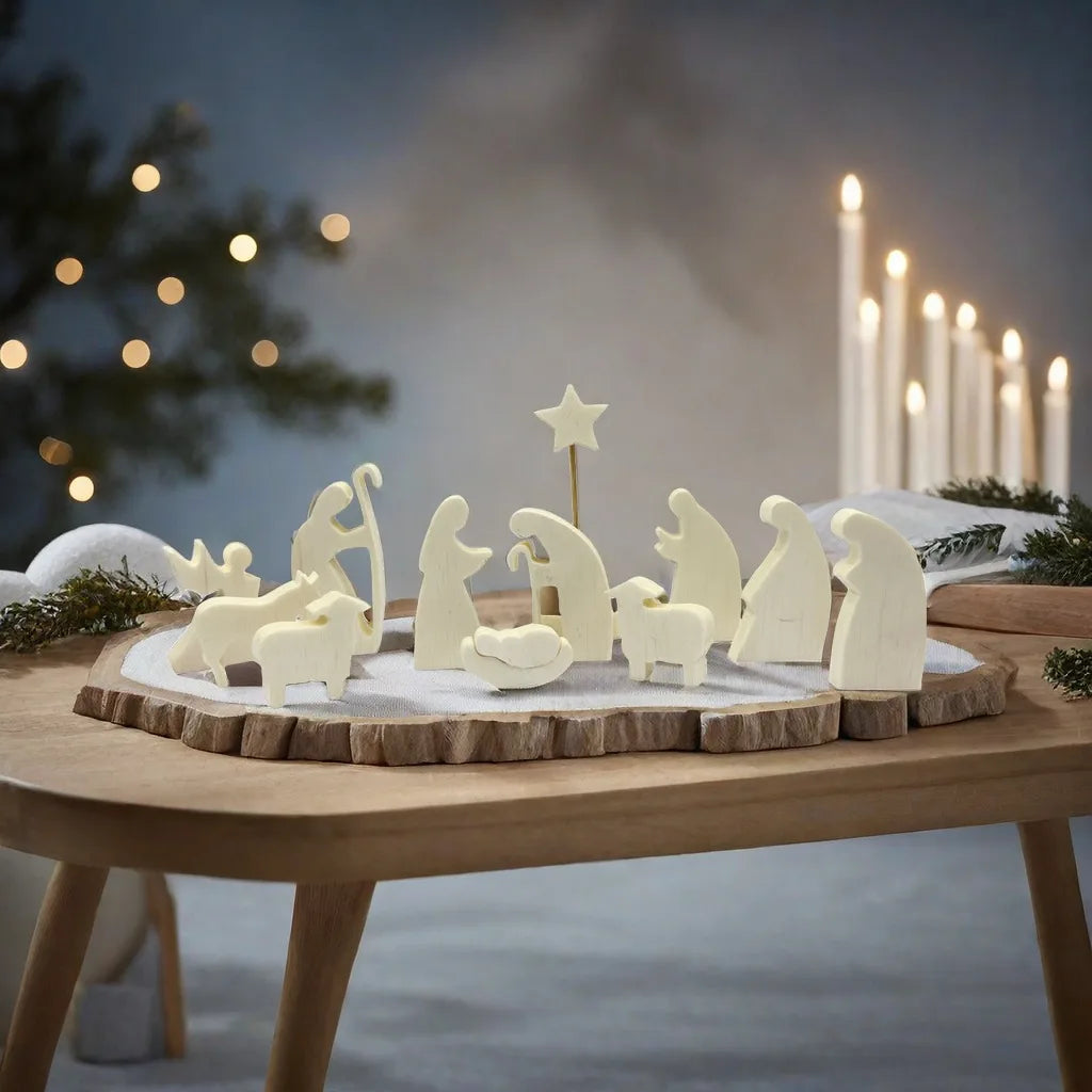 Wooden Nativity Set - Modern Christmas Scene Decoration - Set of 11 Natural Wood Figurines