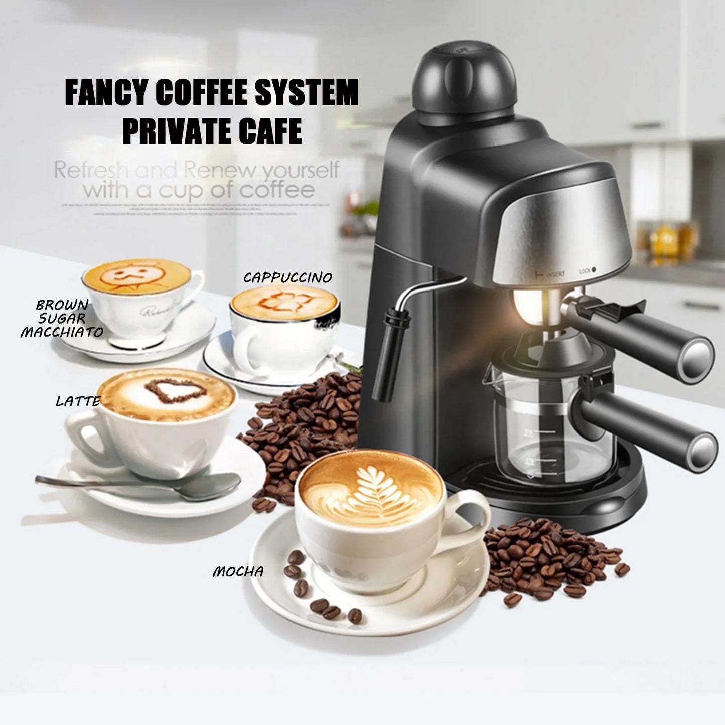 1-4 Cup Expresso Coffee Machine Steam Espresso Maker with Milk Frother