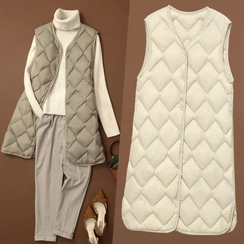 Plus Size Female Korean V-neck Casual Ultra Light Vest Coat Autumn Winter Women X-Long White Duck Down Warm Sleeveless Jackets