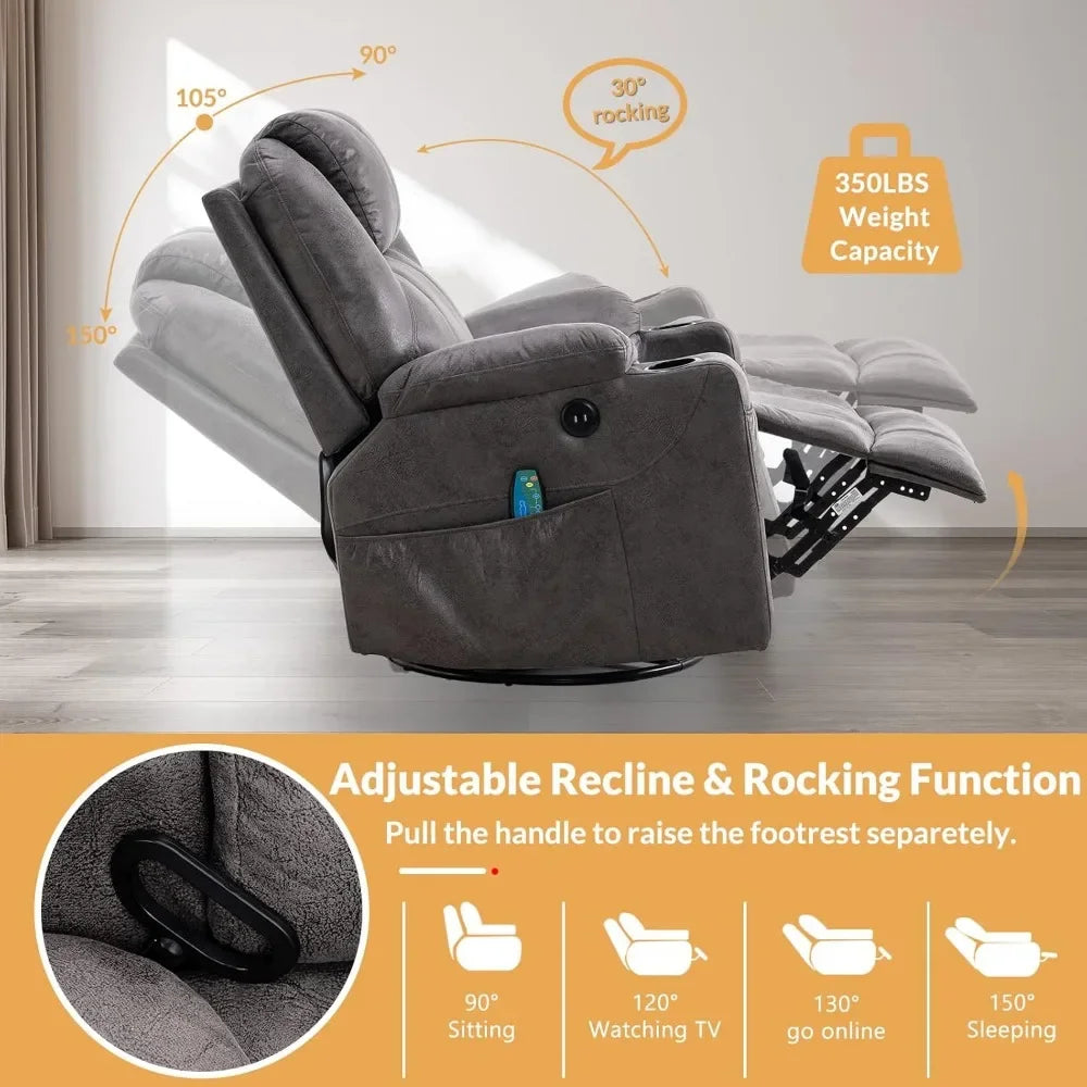 Swivel Rocker Recliner Chair Ergonomic Lounge Reclining Chair with 4 Pockets Cup Holders Remote Control，Gray，Living Room Chairs