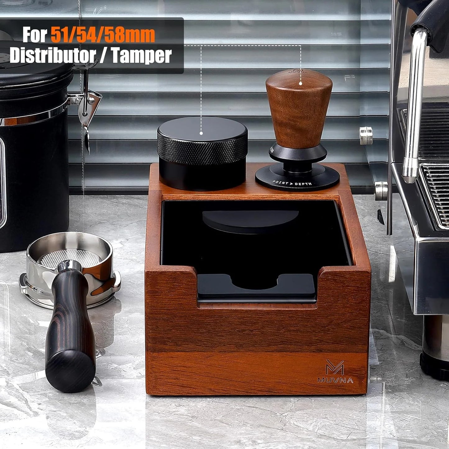 MUVNA Espresso Knock Box, Coffee Organizer Knock Box, Tamping Station, Fits 51/54/58MM Espresso Tamper & Distributor(Maple Wood)