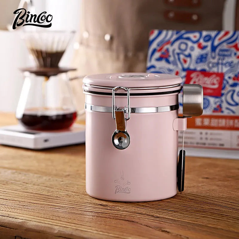 Bincoo coffee bean seal can unidirectional exhaust pink 304 stainless steel storage can holding coffee powder container snap