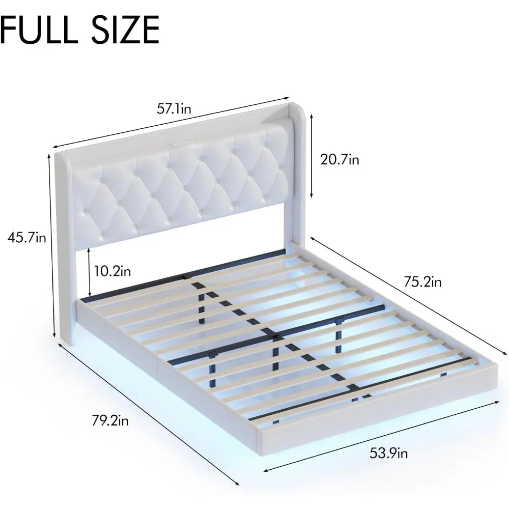 Floating Bed Frame with LED Lights, Upholstered PU Leather Platform Bed with Charging Station & Button Tufted Headboard Storage