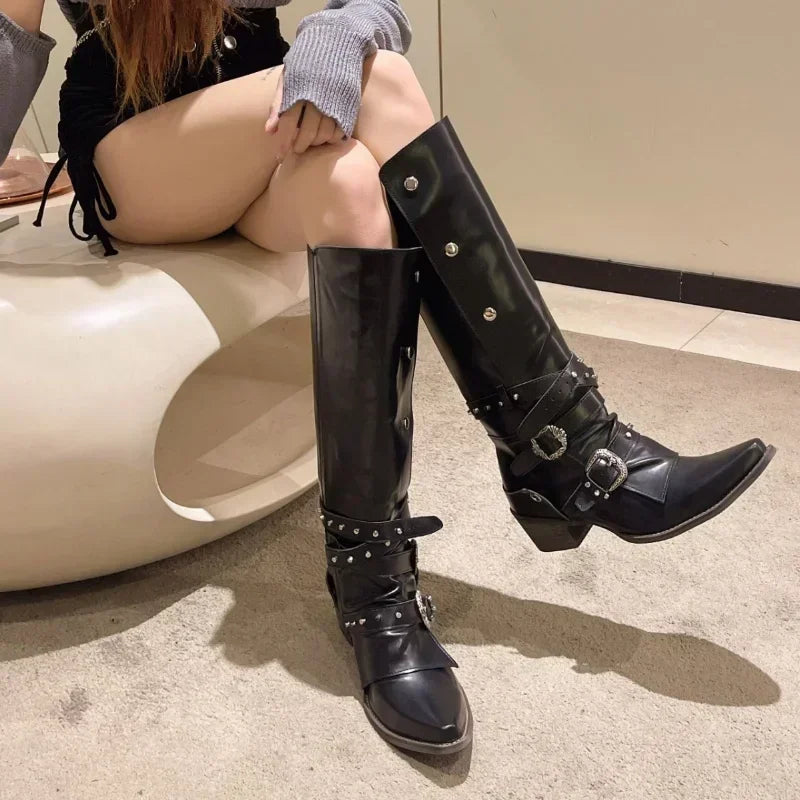 Women Metal Doctor Thick Heeled Black Boots  Autumn Pointed Toe Pu Leather Mid Calf Boots Woman Motorcycle Boots Big Size 43