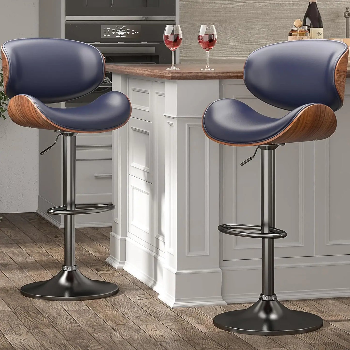 Swivel Bar Stools Set of 2, Adjustable Bentwood Barstools with Back and Footrest, Modern PU Leather Upholstered Bar Chair