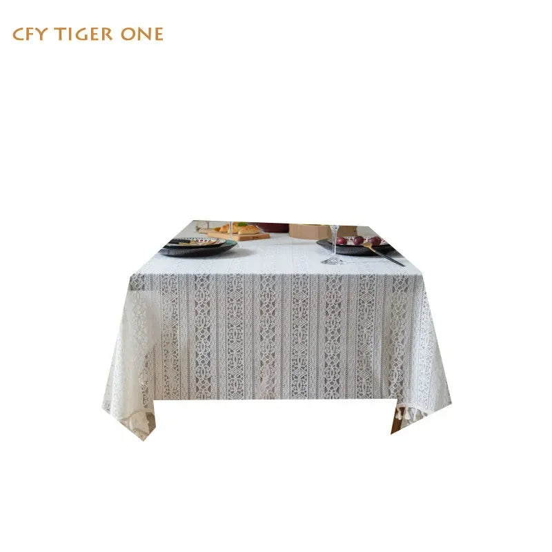 French Romantic Beige Hollowed Out Lace Crochet Antifouling Rectangular Tablecloth  Coffee Table Mat Table Cover