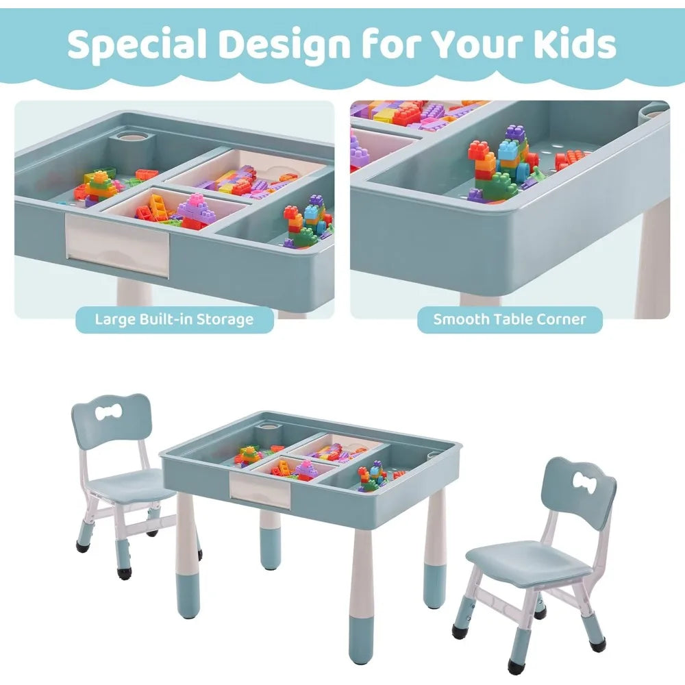 4 in 1 Kids Table and 2 Chairs Set with Storage,Toddler Table and Chair Set for Kids Ages 3-10,Graffiti & Building Blocks Double