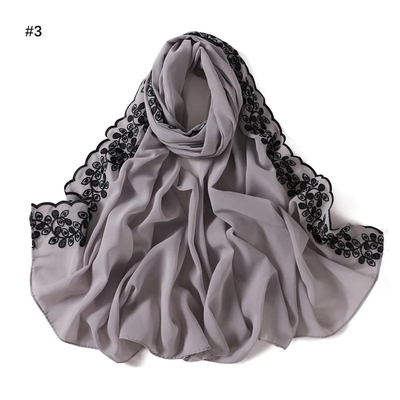 Plain Embroider Floral Bubble Chiffon Hijab Ramadan Lace Stitch Shawls Women Sunscreen Headscarf Outdoor Windproof Head Wrap