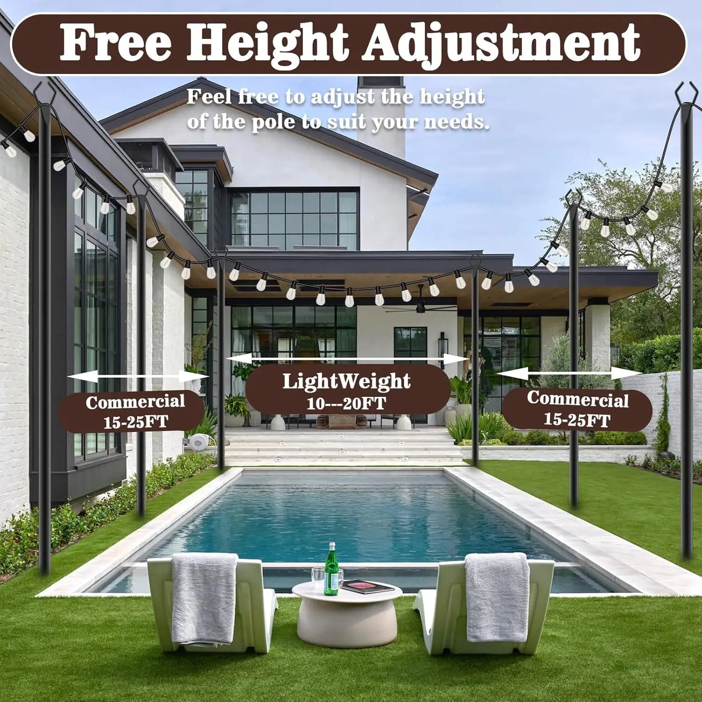 10Ft String Light Poles 4  Poles for Outside  with Fence Brackets Hanging  Stand Deck Patio Backyard