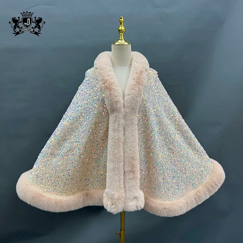 Sequins Faux Rabbit Fur Cape Coat Winter Thicken Lining Warm Party Dress Cloak Shawl Women Wraps Fashion Shiny Paillette