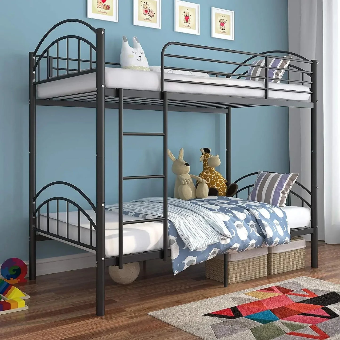 Bunk Beds Frame Twin Over Twin, Convertible Into 2 Individual Metal Bed Frame, Removable Ladder & Safety Guard Rail (Black)