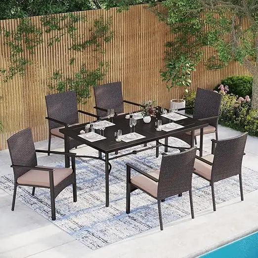 7 Pieces Patio Dining Furniture Set, with Wood-Like Table Set for 6 with Umbrella Hole, Outdoor Dining Furniture Sets