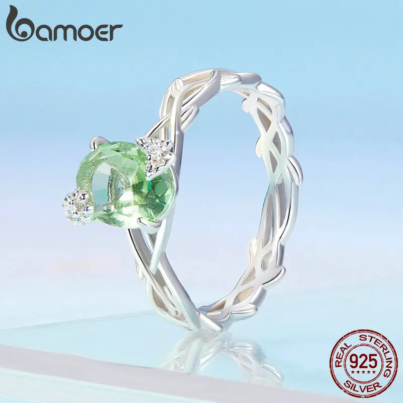 Bamoer Vine Ring for Women Solid 925 Sterling Silver Green Round Gemstone Ring for Wedding Engagement Jewelry BSR466