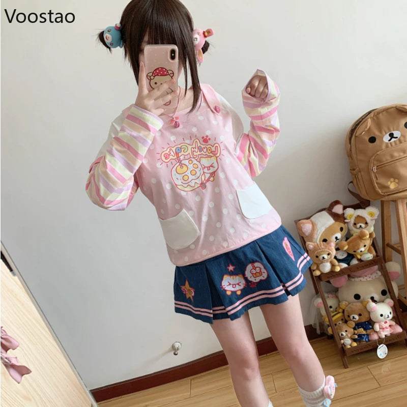 Japanese Kawaii Lolita Style Denim Skirt Set Women Sweet Print T-shirts Embroidery Cake Mini Skirts Suit Y2k Two Piece Outfits