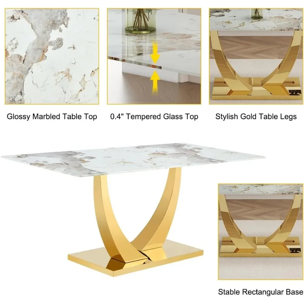 71” Dining Table Set for 8,Dining Room Table Set for 8, Gold Kitchen Table and 8 PU Leather Chairs,Tempered Glass Tables Set