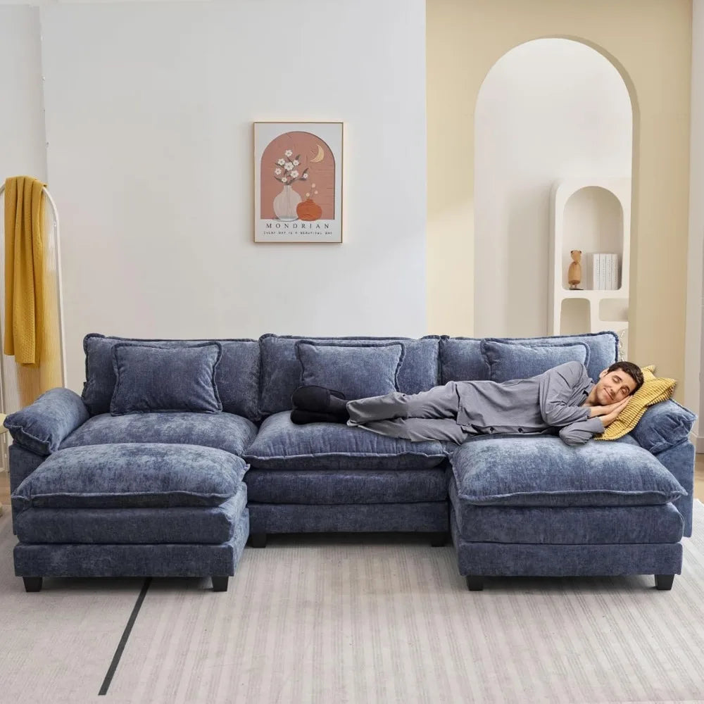 Sectional Sofa Comfy Cloud Couch for Living Room with Pillows, Modern Chenille Sofa Sleeper Deep Couches with Two Ottomans