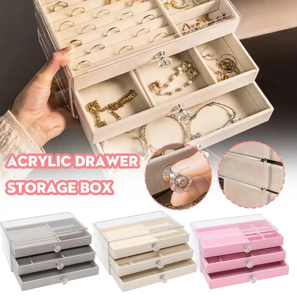 1 Piece Of High-capacity Three-layer Flannel Jewelry Box Drawer Jewelry Box Storage Earrings Necklace