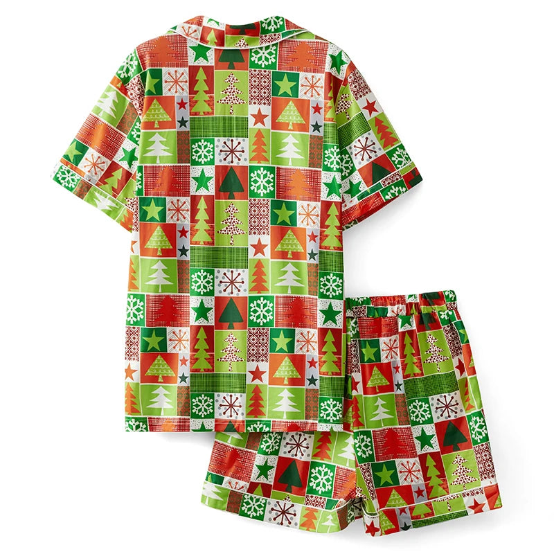 Christmas Family Pajamas Matching Set Christmas Tree Candy Print Tops and Drawstring Shorts Sleepwear