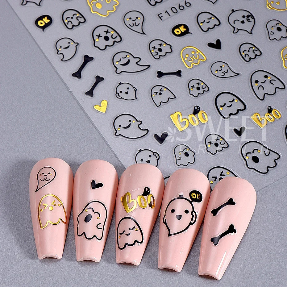 3D Halloween Nail Art Stickers Gold Spider Ghost Cat Pumpkin Design Decals Holographic Nail Art Slider DIY Manicure Decoration