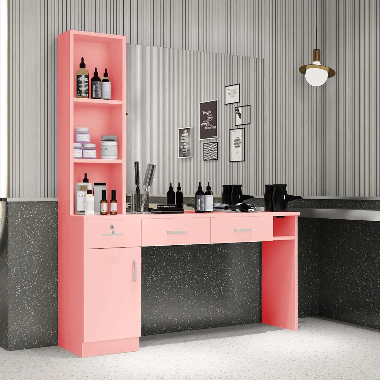 Station Wall Mount Hair Styling Salon Equipment Set Beauty Spa Furniture Set, Lockable Left Shelf, Mirror not Included