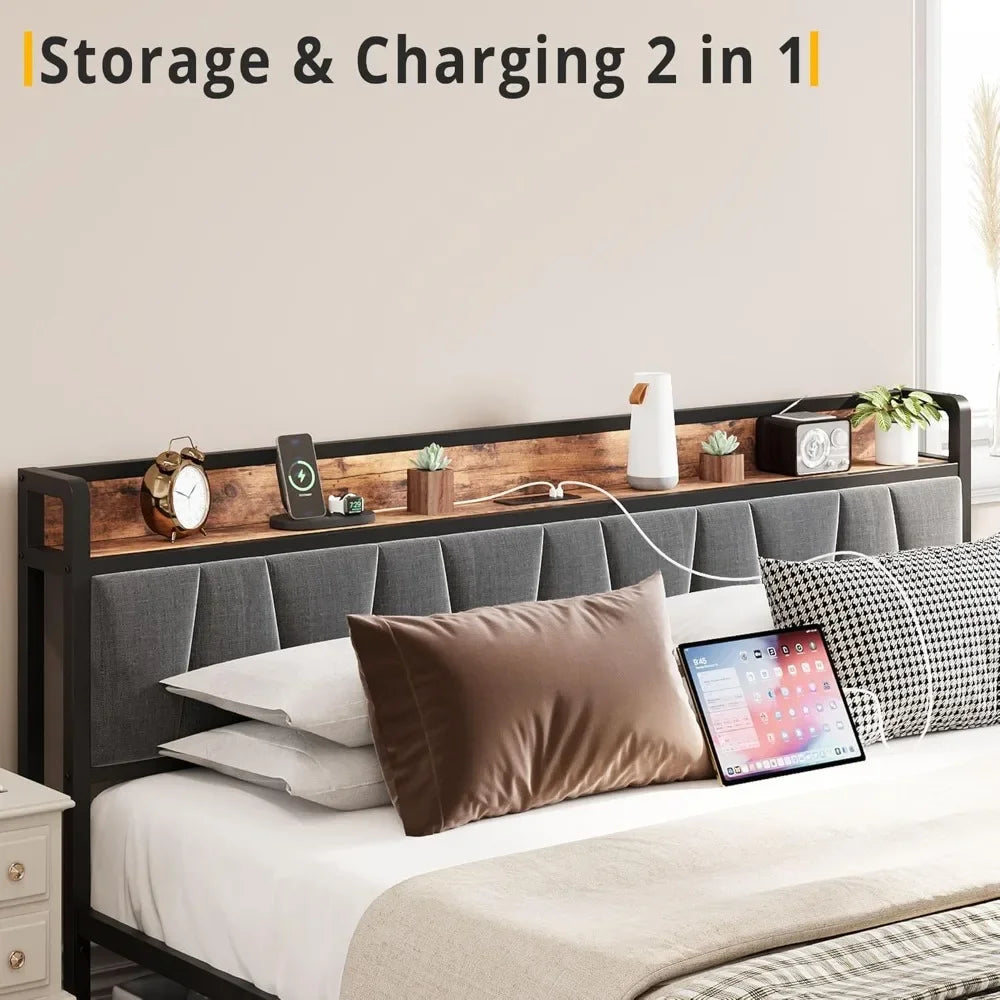 King Size Bed Frame, Storage Headboard with Charging Station, Platform Bed with Drawers, No Box Spring Needed, Easy Assembly