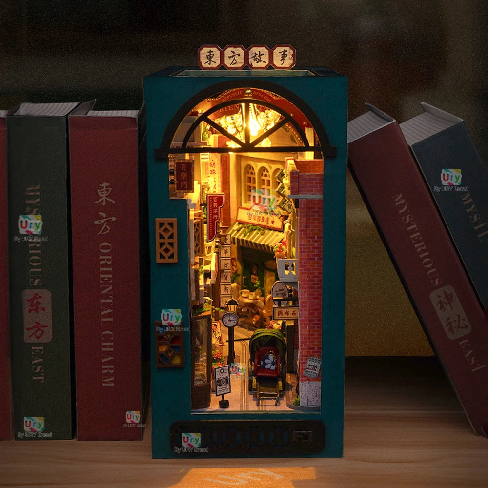 Ury 3D Wooden Puzzle Light LED Retro Shanghai Street Book Nook Shelf Kit Miniature Fairy Tale Town Bookshelf Toy Girl Xmas Gift