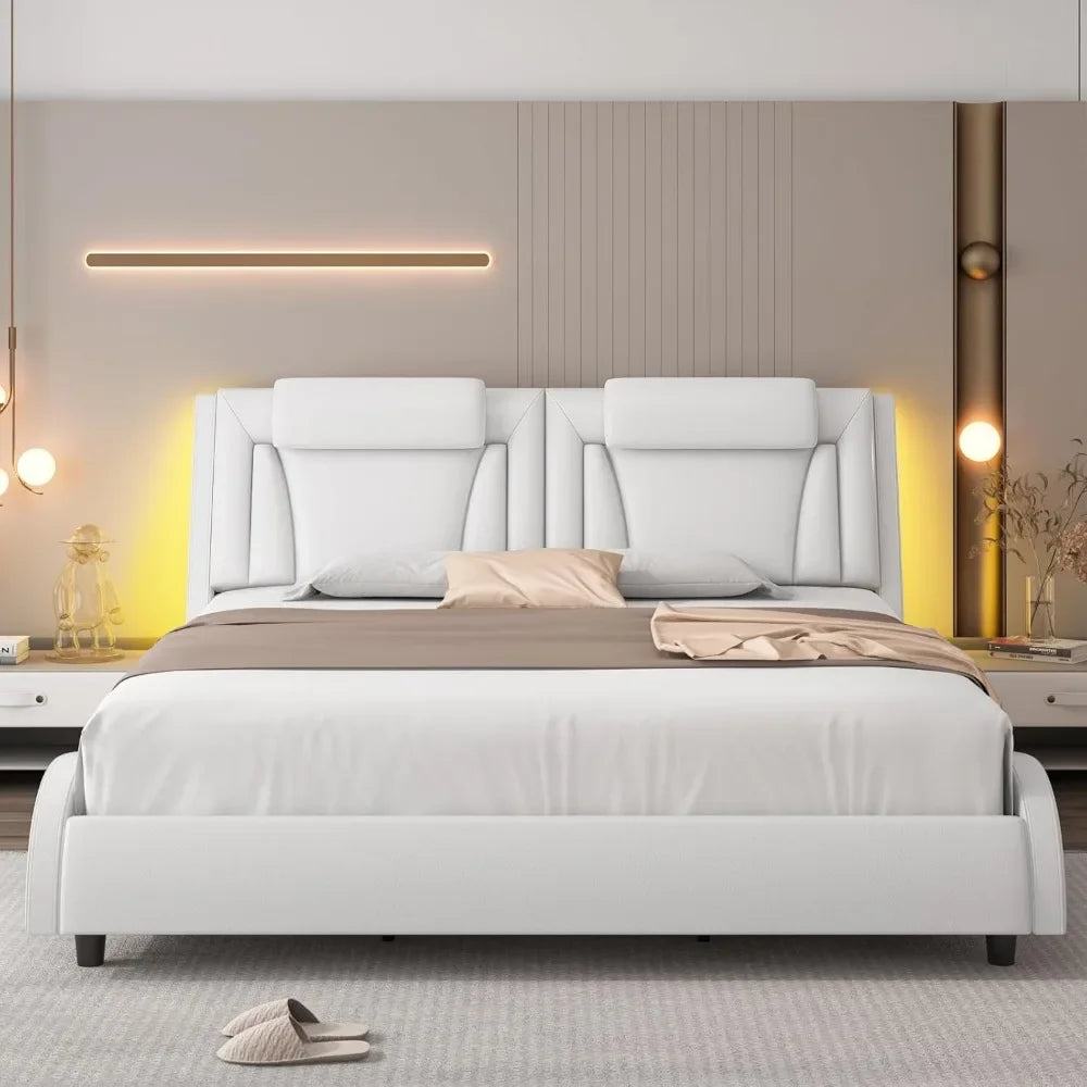 Upholstered Platform Bed Frame with Adjustable LED Headboard,Pu Leather,Wave-Like Curve Design and Solid Wooden Slats Support