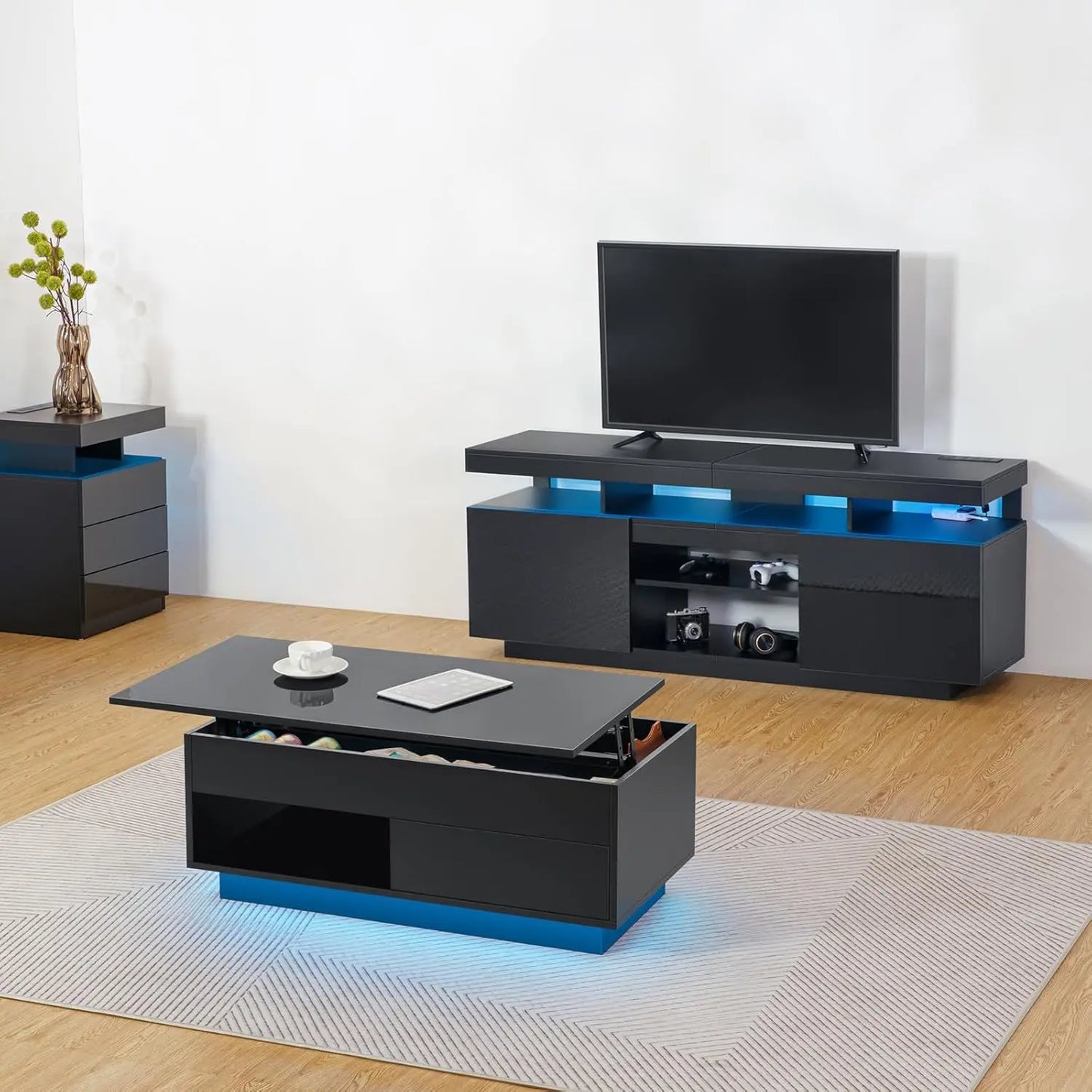 LED Lift Top Coffee Table and TV Stand Set of 2,Modern LED Entertainment Center with Power Outlets for up to 70" TV