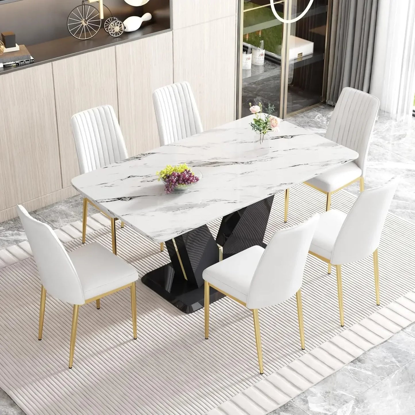 Black Dining Room Table Set for 6, Modern Marble Dining Table with 6 Metal Leg Chairs Kitchen Table Chair Set for Dining Room