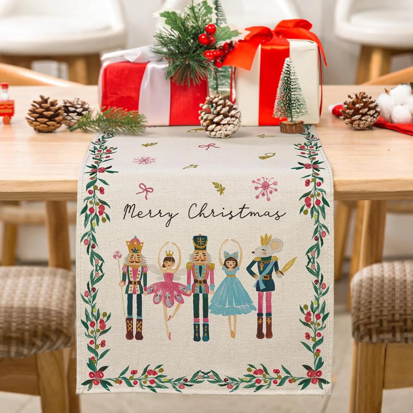 Merry Christmas Nutcrackers Cartoon Linen Table Runner Dresser Scarf for Winter Holiday Party Decor Kitchen Dining Table Decor