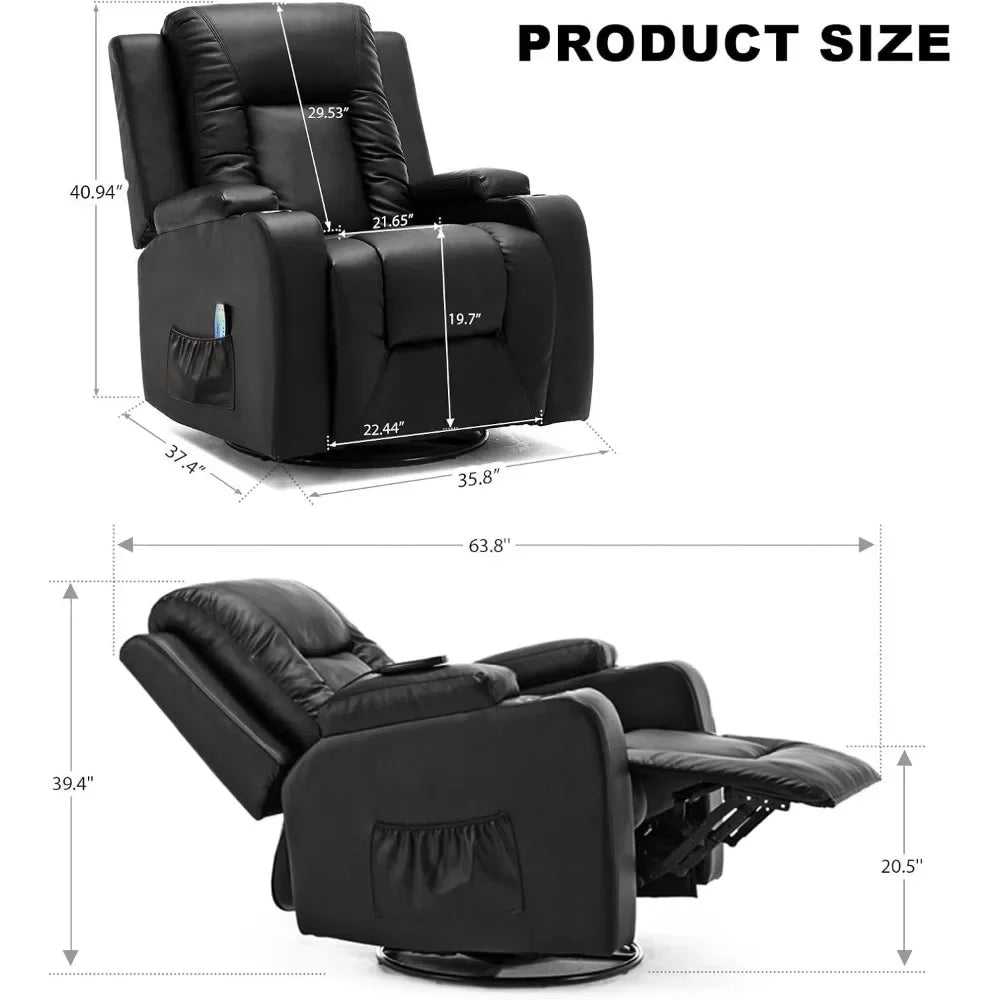 Recliner Chair,PU Rocking Chair for Adults, Swivel Recliner with Cup Holders,for Living Room, Bedroom (Black),Living Room Chairs