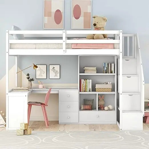 Loft Bed ,with Storage Shelves and Drawers, Twin Lofts Bunk Bed Frame for Kids Boys Girls Teens, Wooden Loft Beds