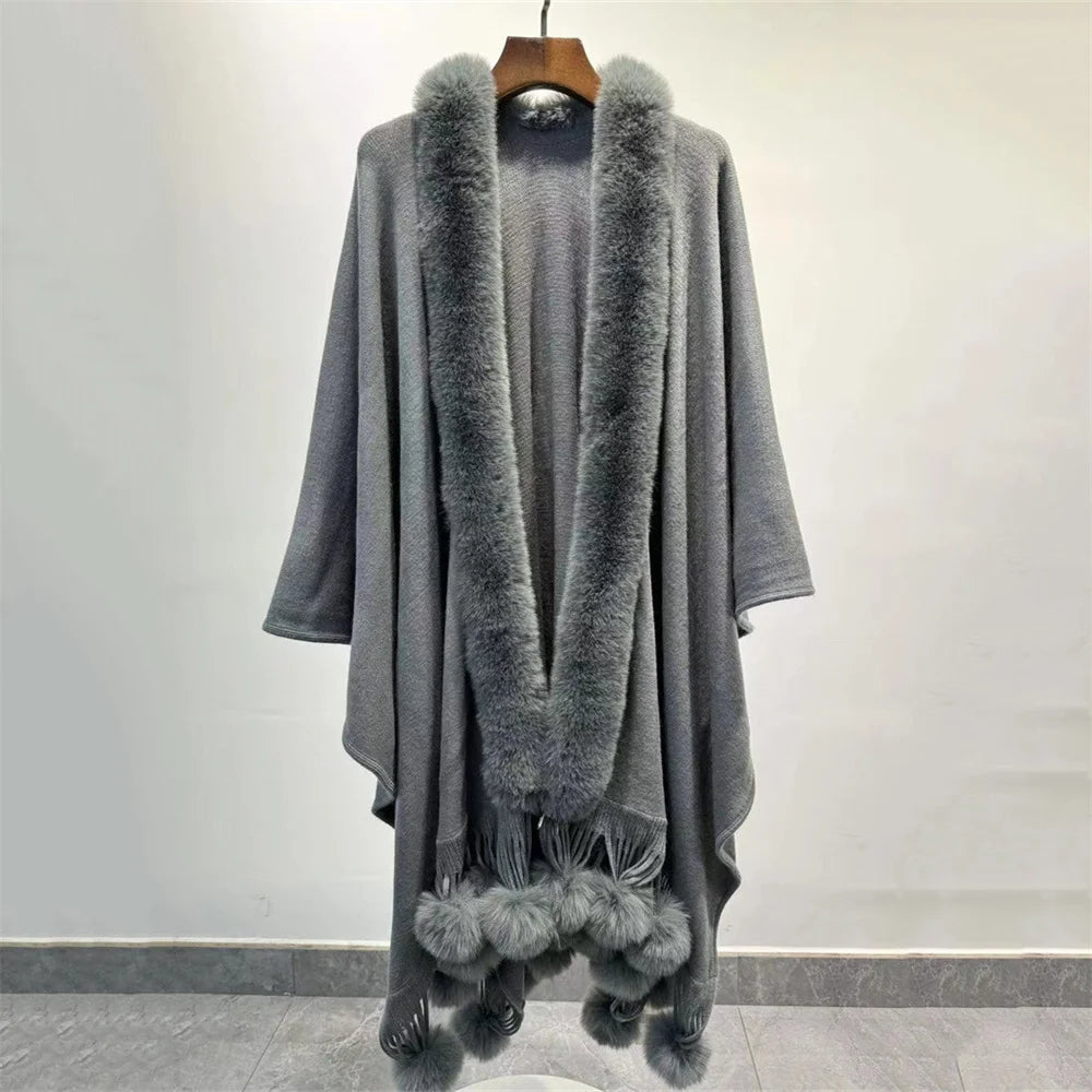 Winter Faux Rabbit Fur Ball Cloak Warm Thick Poncho Shawl Coat Women Big Pendulum Outer Wear Cardigan Long Pompon Cape