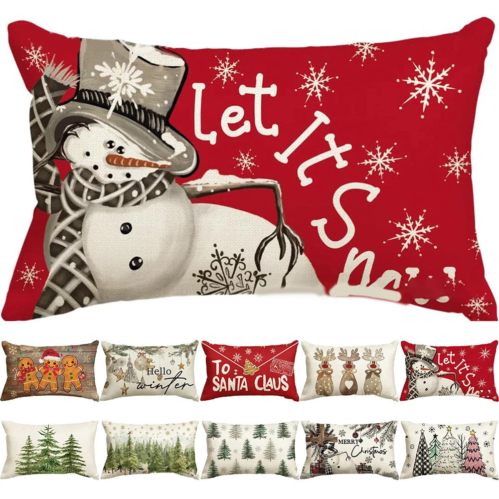 10.6x10.6x0.3inch Christmas Lumbar Pillowcases Pillow Cover Xmas Tree Snowman Printed Waist Pillows Cover Home Decoration