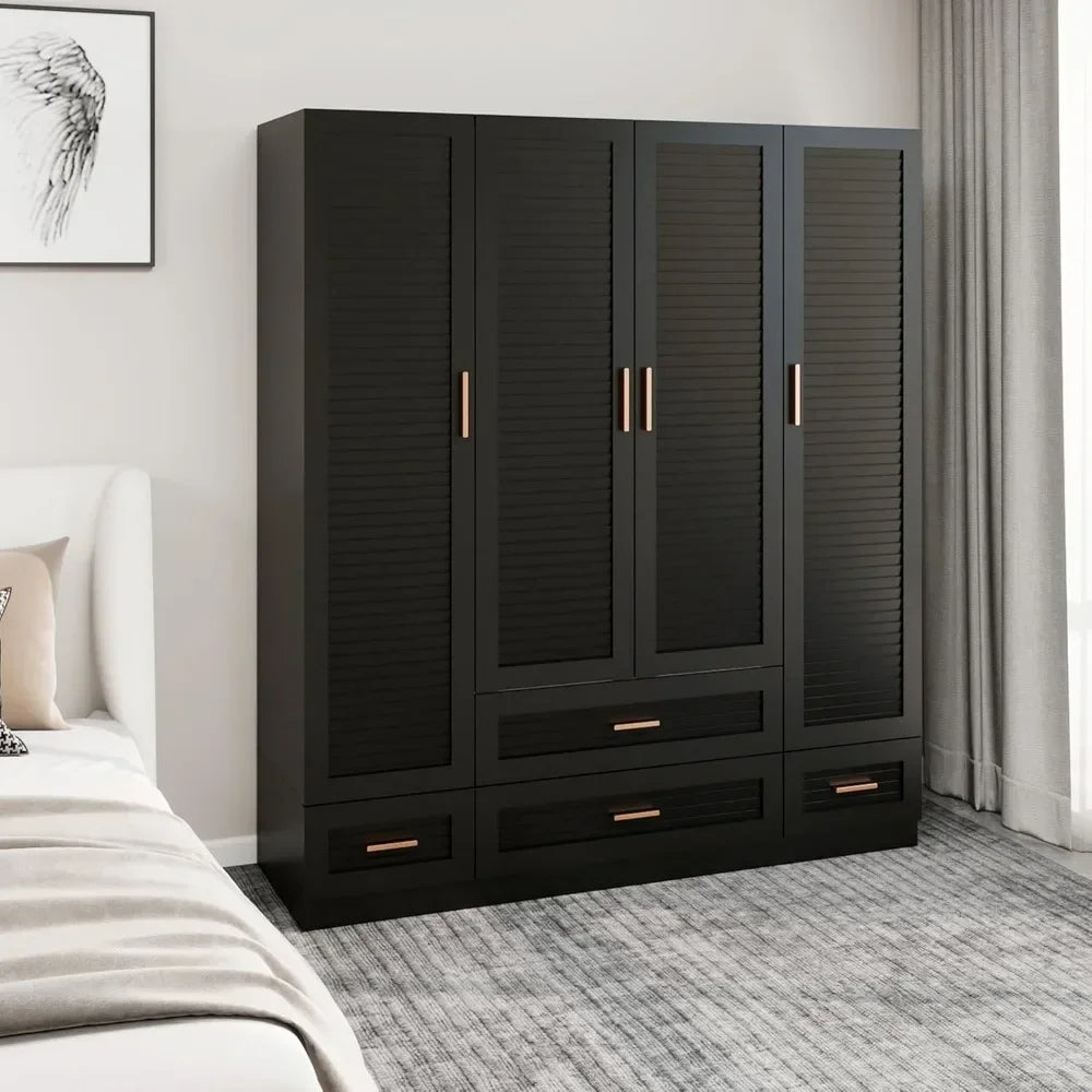 Wooden Armoire Wardrobe,Wardrobe Closet,Closet Cabinet with 4 Doors Bedroom Armoire with 4 Drawers and Hanging Rod