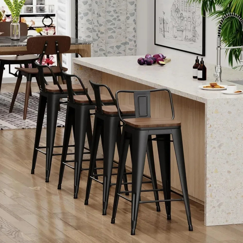 30 Inch Bar Stools Set of 4 Bar Height Metal Barstools with Wood Seat Low Back Kitchen Bar Chairs Matte Black Living Room Chairs