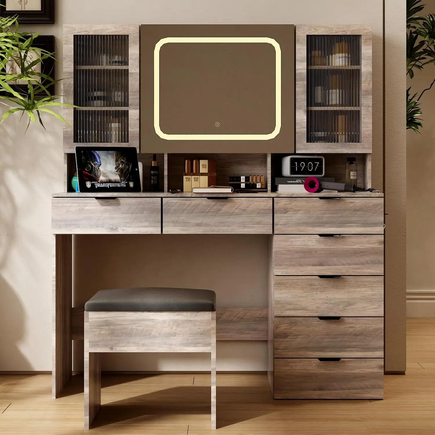 Vanity Table Set with LED Lighted Mirror, Makeup Vanity Desk with Charging Station Storage Cabinets & Drawers Cushioned Stool