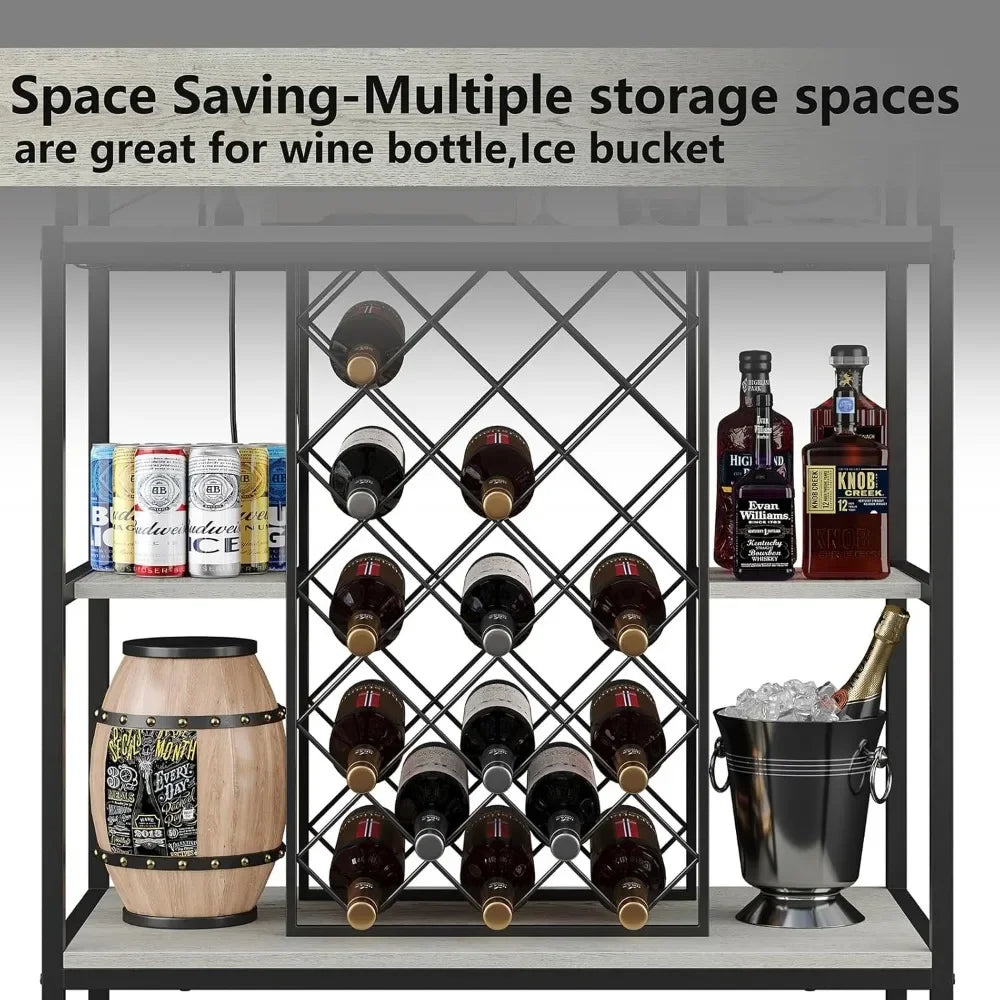 Wine Cabinet with Power Outlets & LED Lights, 5-Tier Industrial Wine Bar Cabinet with Glass Holder for Liquor Storage Wine Ranks