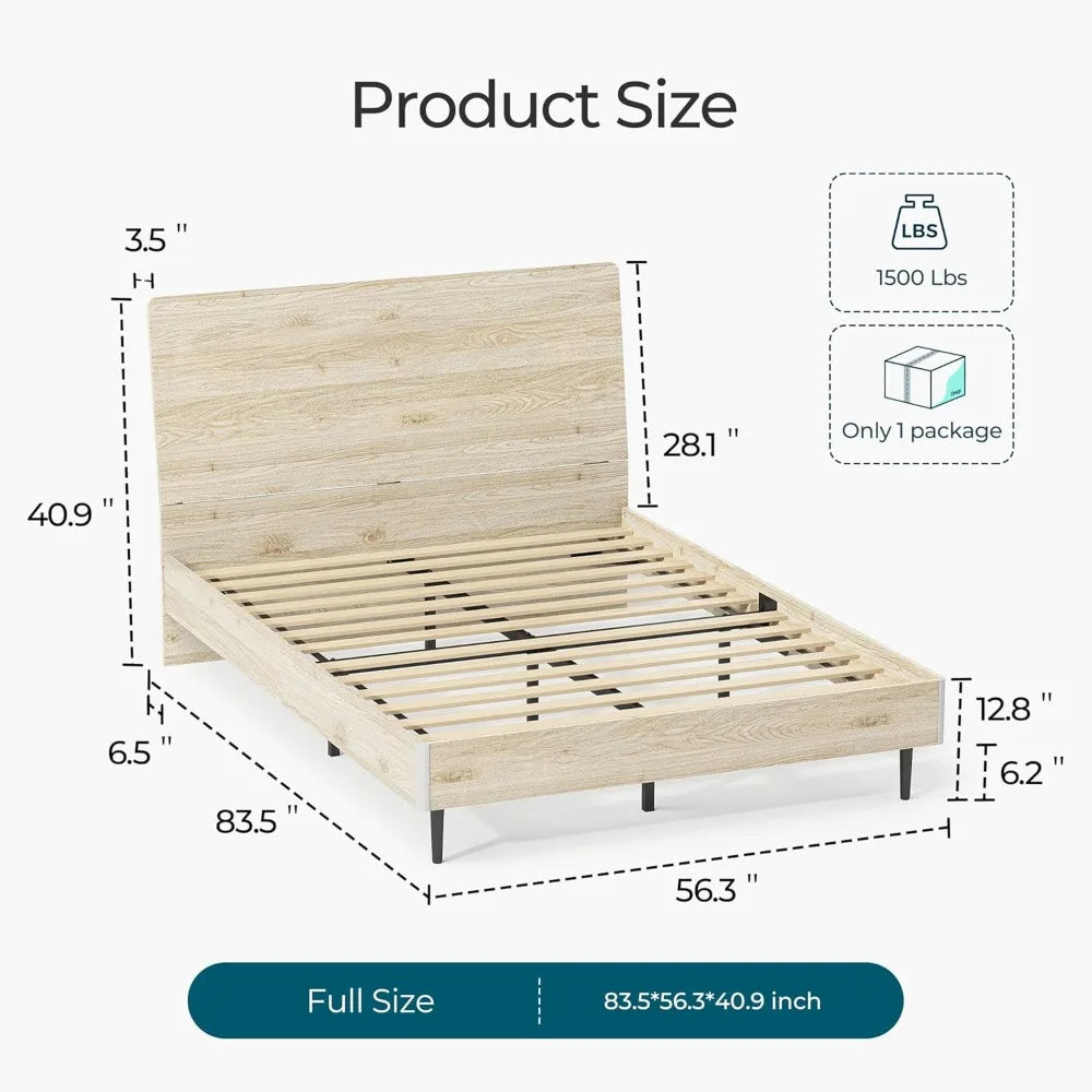 Wood Bed Frame with Ergonomic Headboard, RGB Lights, Outlets & Charger, Storage Shelf, Noise-Free, No Box Spring Needed