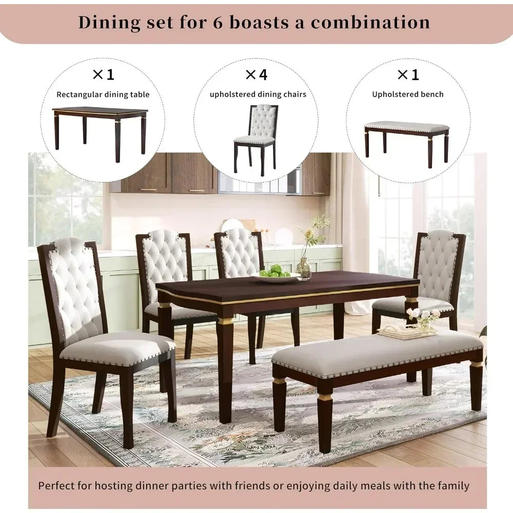 6 Piece Dining Table Set with Bench, 60" Wooden Table with 4 High-Back Tufted Chairs & 1 Bench, Kitchen Dining Room Table Set