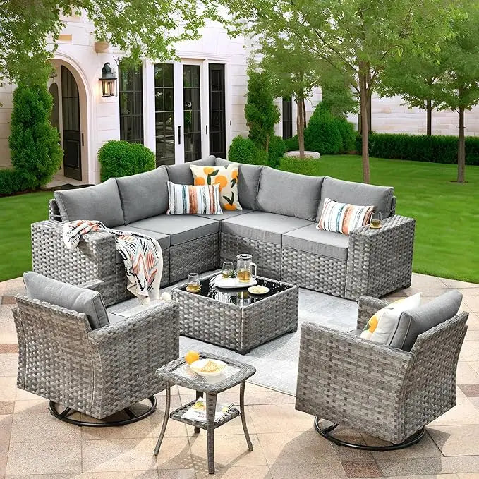 9 Pieces Patio Furniture Set, Outdoor Sectional Sofa with Swivel Rocking Chairs, Wide Arms and Deep Seat, Wicker Rattan Set