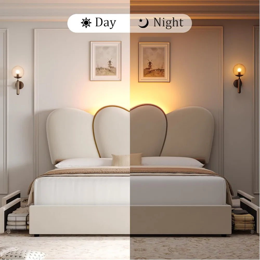 LED Bed Frame with 4 Storage Drawers, Modern Velvet Upholstered Platform Bed with 55" Tall Heart Shaped Headboard, Bed Bases