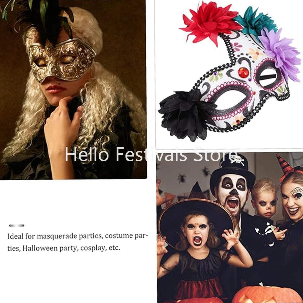 Day of The Dead Masks Masquerade Ball Halloween Cosplay Women Performance Party Accessories with Flower Ghost Mask for Men Kids