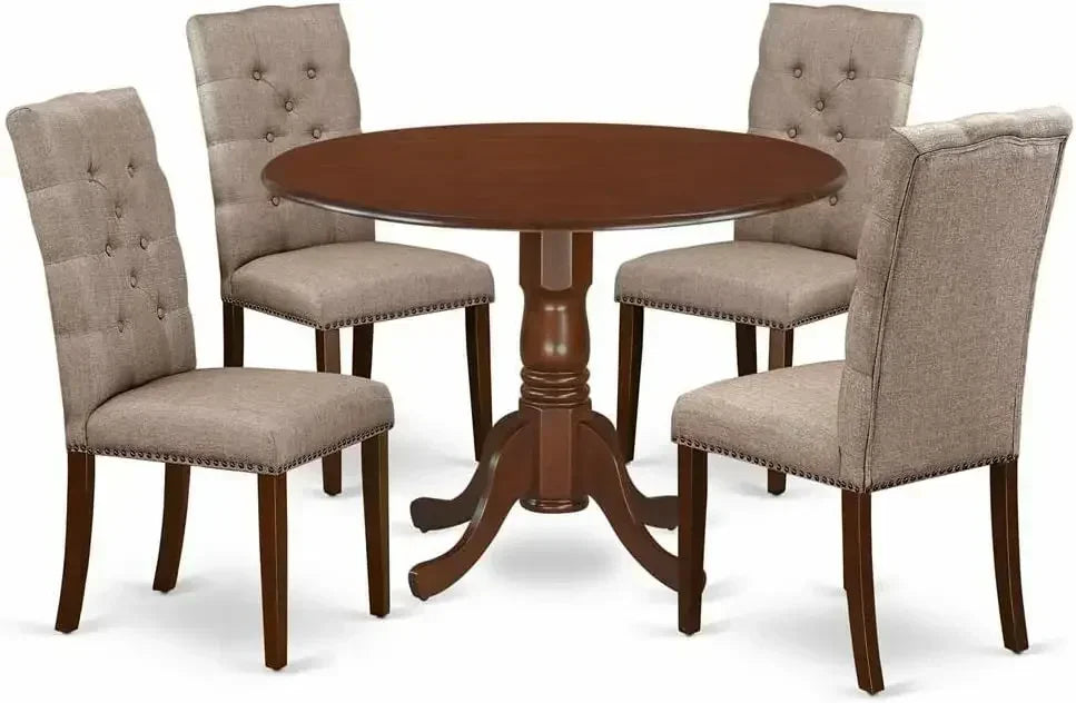 5 Piece Room Furniture Set Includes A Round Dining Table with Dropleaf and 4 Dark Khaki Linen Fabric, Dining Tables