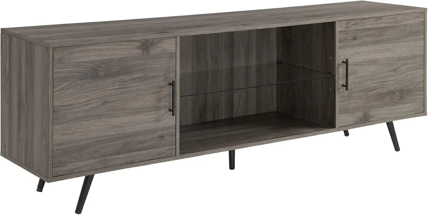 Saxon Mid Century Modern 2 Door Glass Shelf TV Stand for TVs up to 80 Inches, 70 Inch, Grey