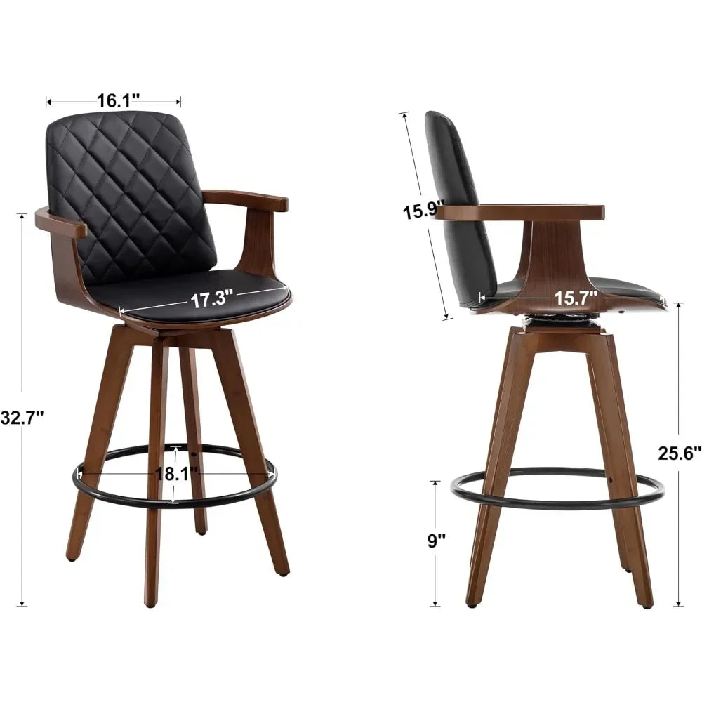 Bars Chairs, Upholstered Faux Leather Counter Height Bars Stools, Swivel Barstools with Wooden Arms and Legs, Bar Chair Sets