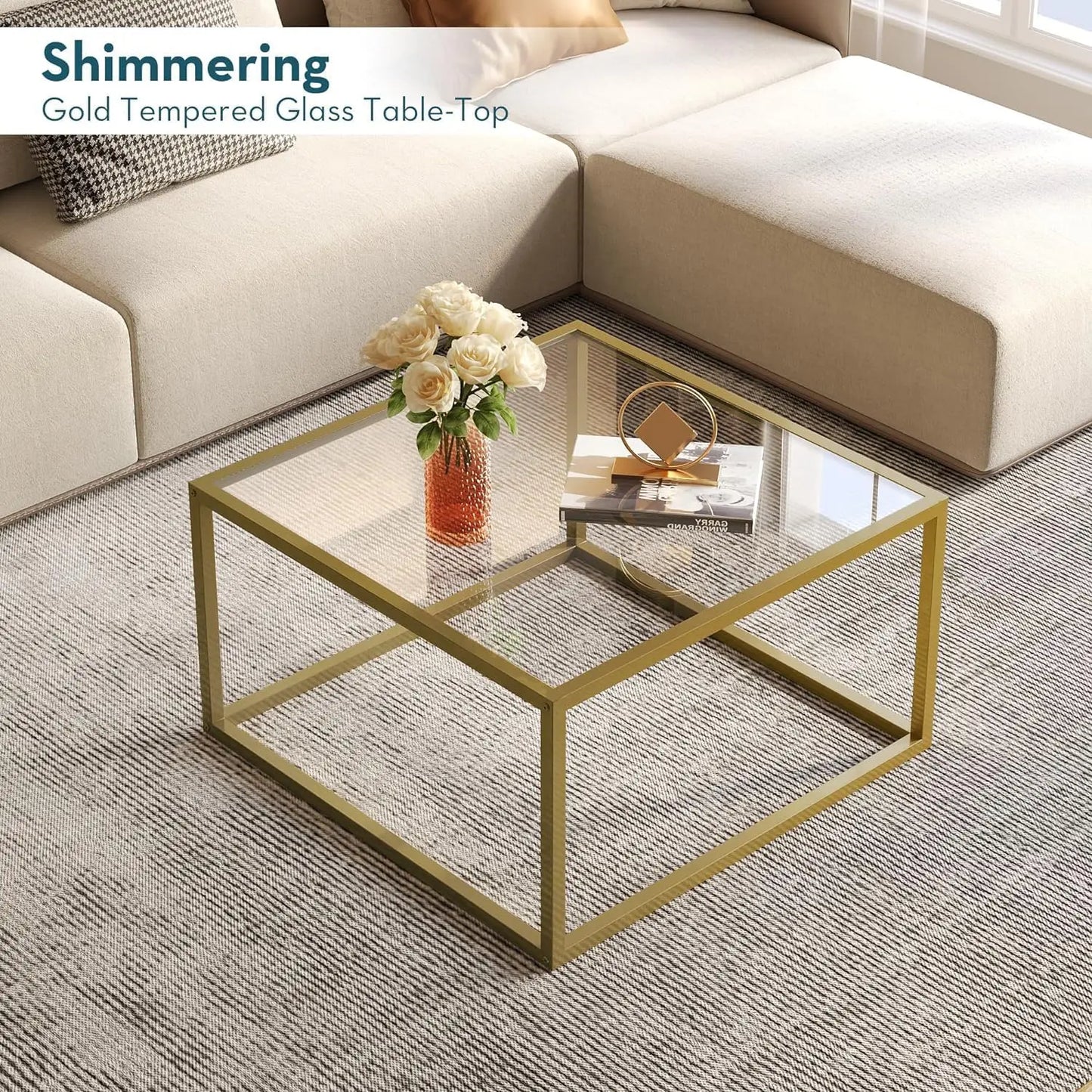 Gold Coffee Table Glass Modern Coffee Tables for Small Space Simple Square Center Table for Living Room