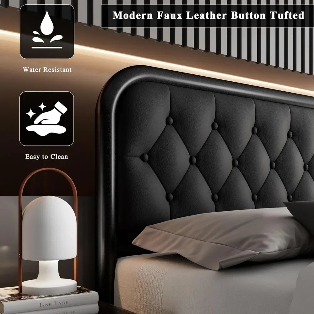 King Size Bed Frame, Heavy Duty Bed Frame with Faux Leather Headboard, Upholstered Platform Bed with Strong Metal Slats